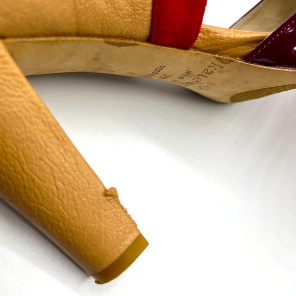 Kate spade open toe tan heels with red suede and purple patent leather size 7M - Picture 8 of 9